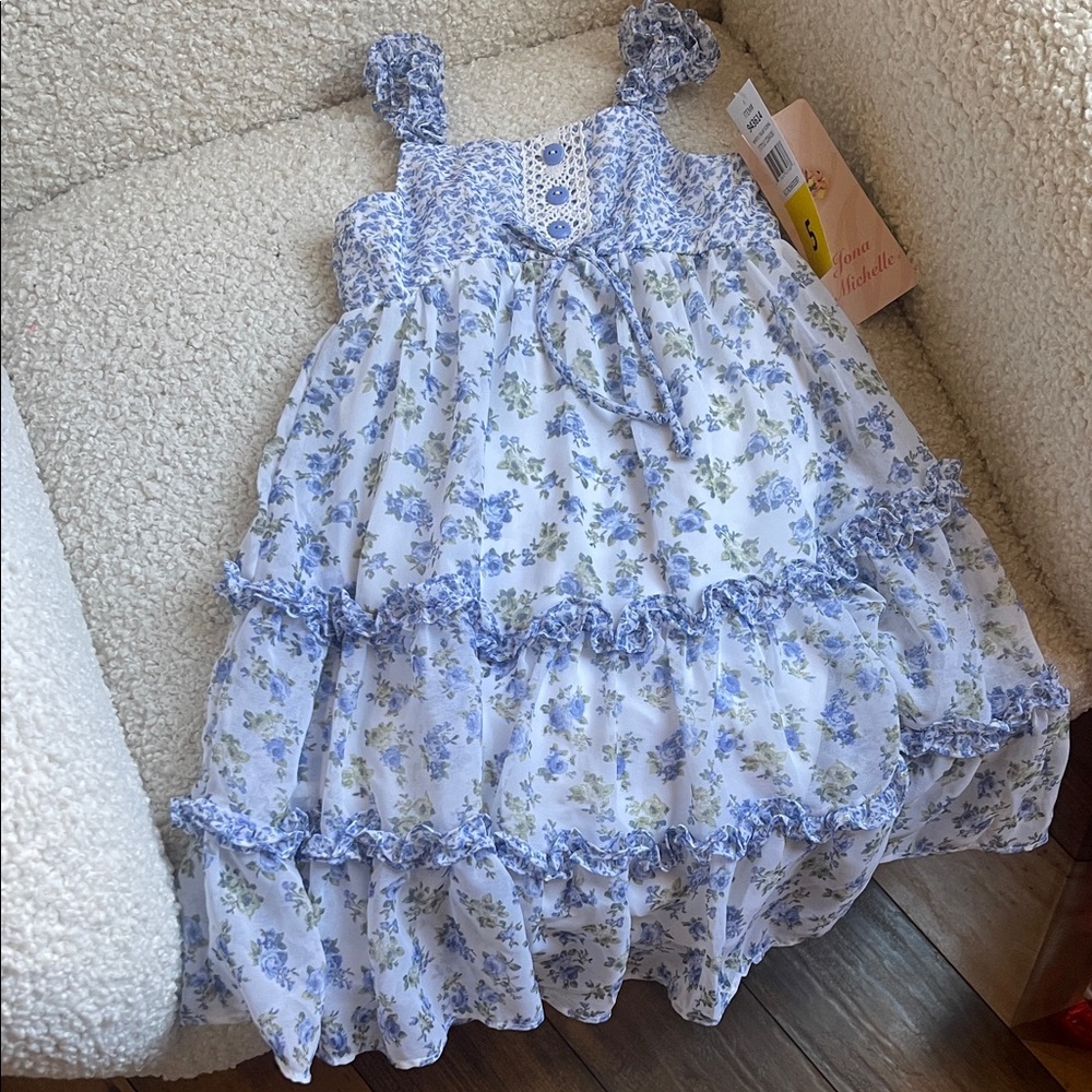 White and Blue Floral Kids Dress